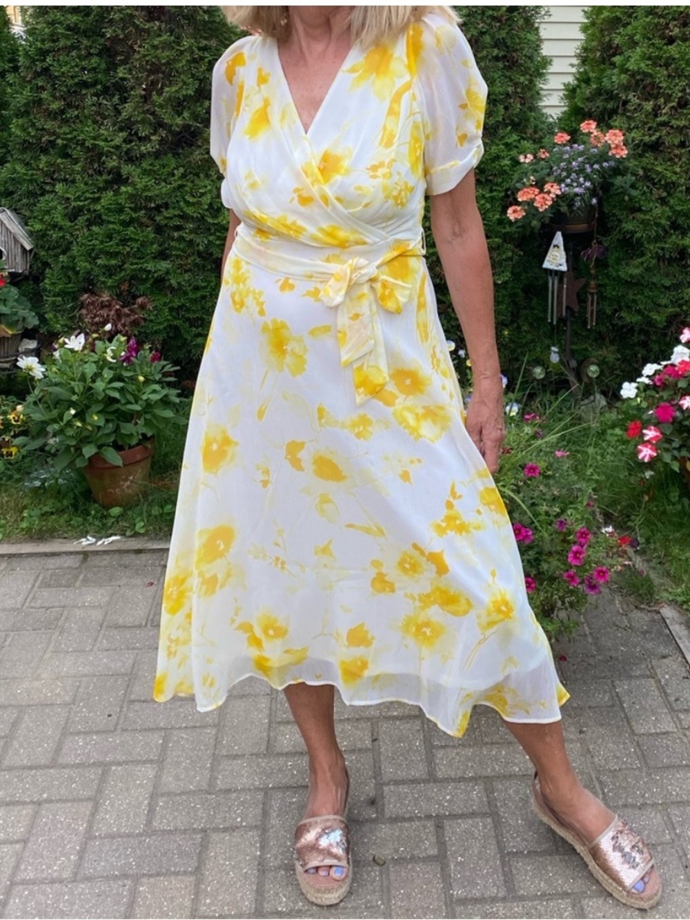 DKNY White Midi Wrap Dress with Yellow Floral Print | NEW | SIZE 10